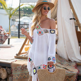 Embroidered Flared Sleeves Tasseled Mini Dress